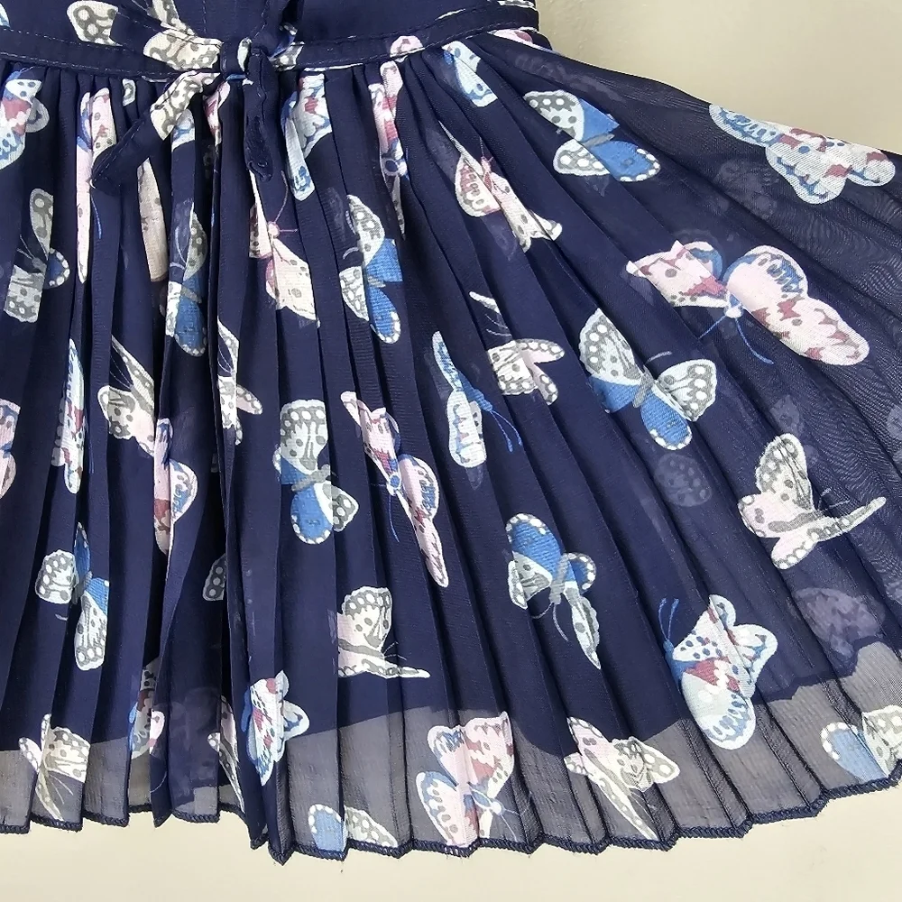 BABY‎ BERI Pleated Whimsical Dress Lace Collar Butterfly Navy Baby Girls 6-9 M